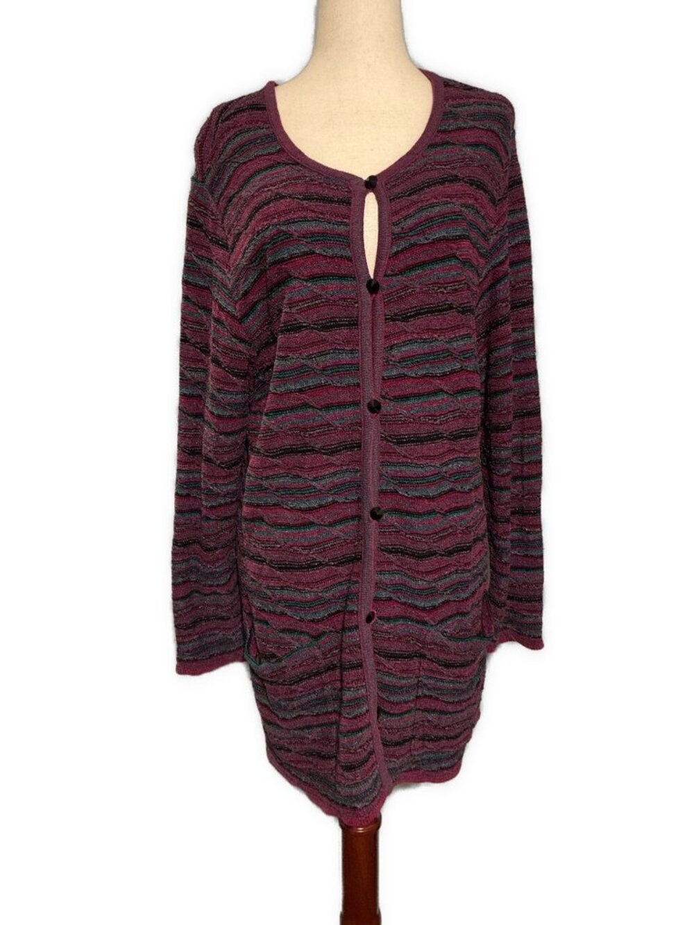 Brenda French Vintage Cardigan Sweater Long Textured Knit Purple Black Blue Xl